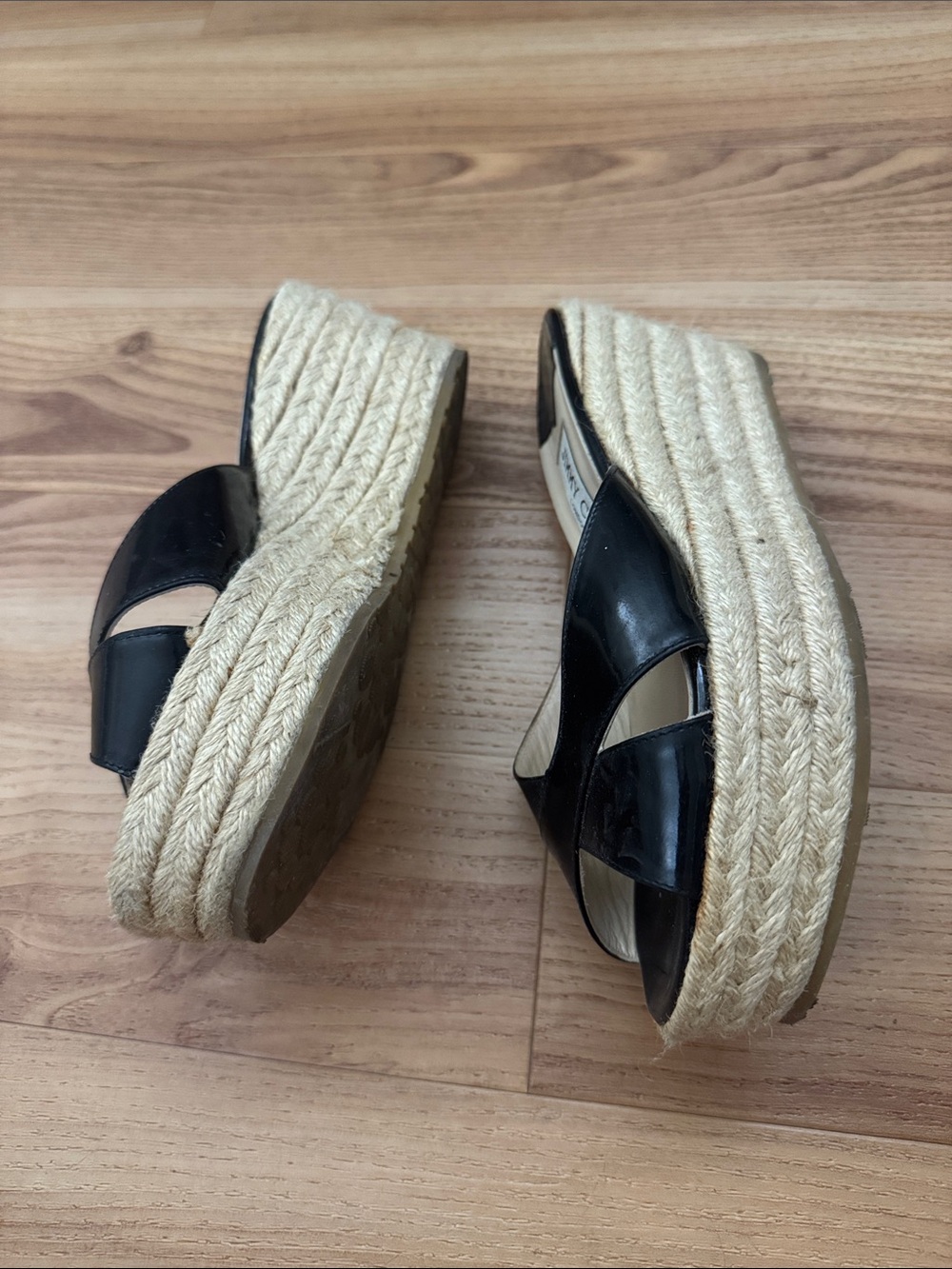 Jimmy Choo Black Patent Leather Espadrille Wedge Sandals - Picture 2 of 12